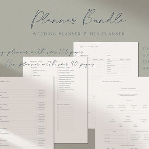 May include: A printable wedding planner and hen party planner bundle. The image shows a few pages of the planner, including a guest list, a packing list, a budget breakdown, and a party priorities section. The text "Wedding planner with over 150 pages" and "Hen planner with over 40 pages" is visible. The text "Timelines, Guide Sheets, Templates, and More" is also visible.