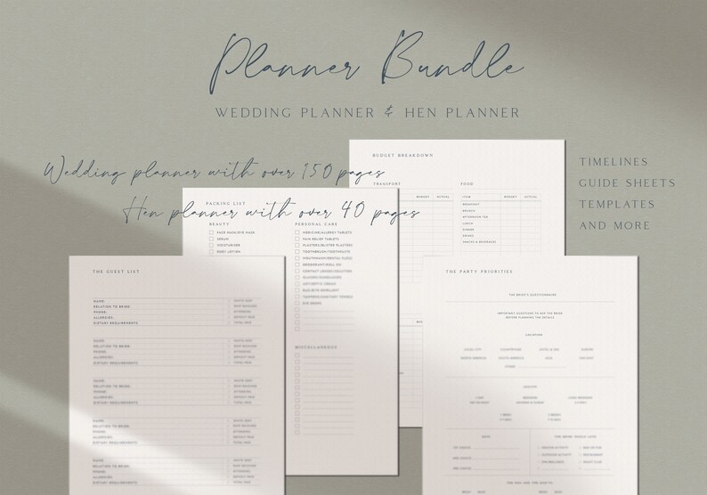 May include: A printable wedding planner and hen party planner bundle. The image shows a few pages of the planner, including a guest list, a packing list, a budget breakdown, and a party priorities section. The text "Wedding planner with over 150 pages" and "Hen planner with over 40 pages" is visible. The text "Timelines, Guide Sheets, Templates, and More" is also visible.