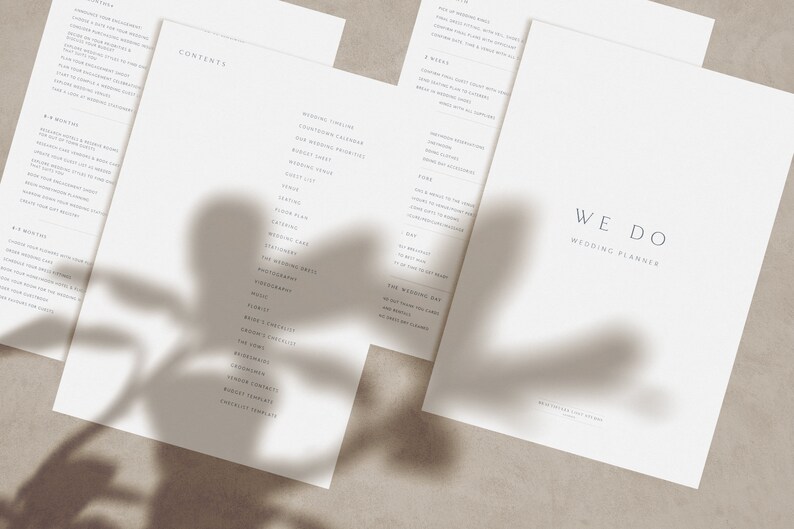 May include: A wedding planner with the title "WE DO WEDDING PLANNER" on the cover. The planner includes a checklist of tasks to complete for a wedding, including a wedding timeline, budget, guest list, and more.