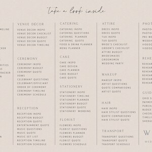 May include: A beige wedding planner checklist with the text "Take a look inside." at the top. The checklist is divided into categories such as "Trackers", "Venue Decor", "Ceremony", "Reception", "Cake", "Stationery", "Florist", "Attire", "Makeup", "Hair", "Transport", "Photo Journal", "Rehearsal Dinner", and "Guides".