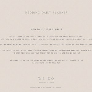 May include: A printable wedding planner guide with instructions on how to use the planner. The text reads "Wedding Daily Planner", "How to Use Your Planner", "We Do Wedding Planner", and "Designed by Beautifully Lost Studio".
