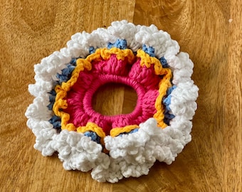 Colorful crochet mocktail scrunchie – Boho summer scrunchie – Original hair accessory – Handmade voluminous cotton scrunchie