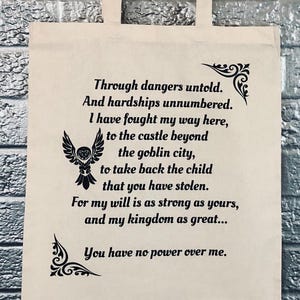 Labyrinth inspired tote bag, fantasy movie quote, retro tote bag, David Bowie, babe with the power, goblin king, fantasy tote bag, book bag