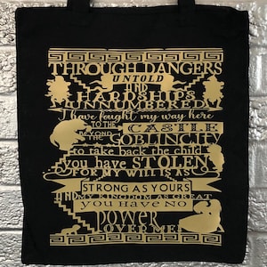 Labyrinth inspired tote bag, Labyrinth movie, Labyrinth movie quote inspired bag, The goblin king, David Bowie, book bag, fantasy accessory