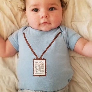 Brown Scapular Onesie – Catholic Baby Gift for Baptism, Homecoming, or Shower – Our Lady of Mount Carmel Marian Devotion Bodysuit