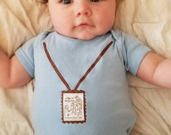 Brown Scapular Onesie – Catholic Baby Gift, Marian Devotion Bodysuit