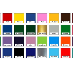 May include: A chart of 27 different color swatches with the name of each color written below the swatch.