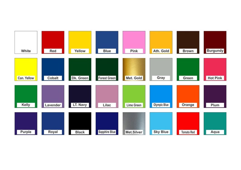 May include: A chart of 27 different color swatches with the name of each color written below the swatch.