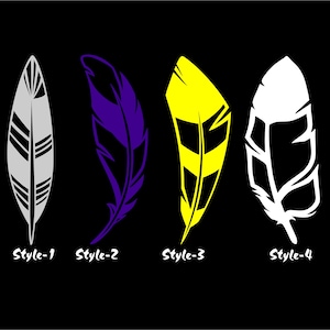 May include: Four different styles of feather designs. The first feather is grey with black stripes. The second feather is purple with black stripes. The third feather is yellow with black stripes. The fourth feather is white with black outlines.