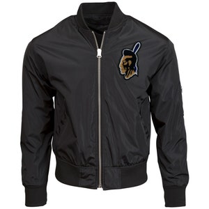 May include: A black bomber jacket with a zipper closure and a Native American head profile patch on the left chest.