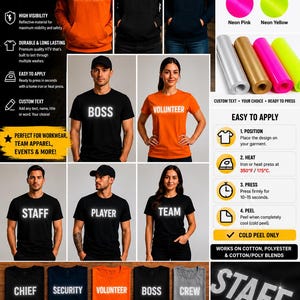 May include: Custom reflective iron-on letters for apparel, featuring silver, gold, neon pink, and neon yellow heat transfer vinyl rolls. The display shows various shirts and hoodies with text like CHIEF, SECURITY, CREW, BOSS, VOLUNTEER, STAFF, PLAYER, and TEAM, along with application instructions for 350°F heat.