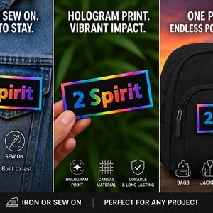 May include: A rectangular patch featuring the text 2 Spirit in a rainbow-colored hologram print on a black background. The patch is shown applied to a blue denim jacket and a black backpack, with text indicating it can be ironed or sewn on.