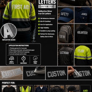 May include: 3M reflective iron-on letters for custom text application. These silver letters are designed for high visibility on workwear, safety gear, bags, and hats. Includes application instructions for 175°C heat for 15 seconds with a cold peel.