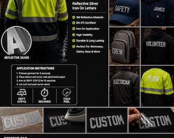 3M Reflective Letters, EN 471 Certified, Custom Reflective Text, Reflective Silver Iron On Name, Custom Iron On Letters For T-Shirts