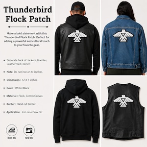 May include: A white and black Thunderbird flock patch measuring 12 by 7 inches. The patch features a geometric bird design and is shown applied to the back of a black leather vest, a blue denim jacket, and a black hooded sweatshirt.