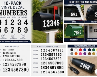 10-Pack Vinyl Decal Numbers, Numbers 0-9, Sizes 1"-6" Inches, Adhesive Vinyl for Cars, Mailboxes, Helmet Decals, House Address Numbers