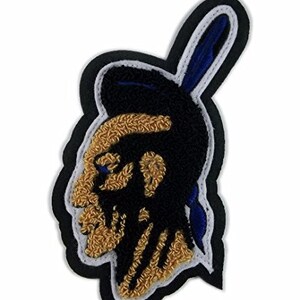 May include: A black and gold embroidered patch of an Native American profile with a blue and white feather headdress.