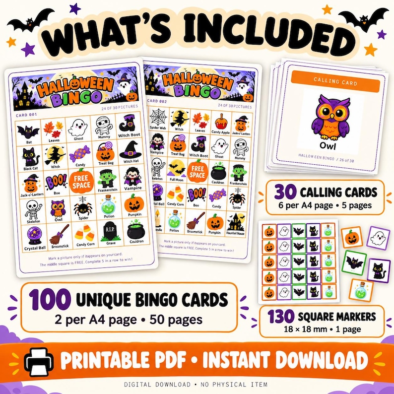 Halloween Bingo Printable Game, 100 Unique Cards, Calling Cards and ...