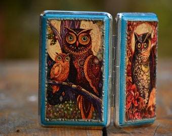Blue Owl Cigarette Case,Woman Cigarette Case,Metal Cigarette Case,Owl Cigarette Case,Cigarette Case,Owl Decor,Owl Gift,Christmas Gift