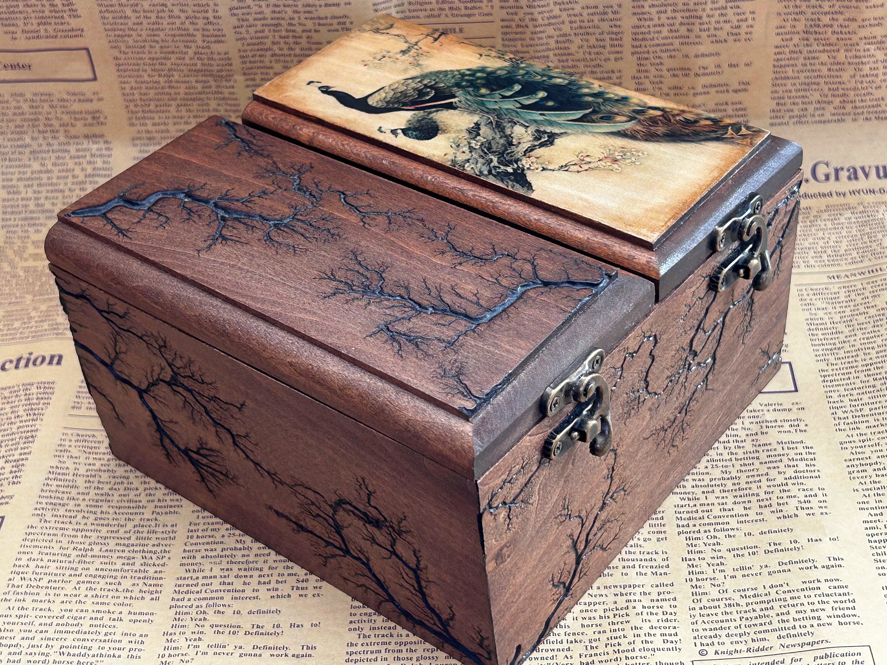 Rustic Handmade Wooden Tea Box Holder Peacock Design, Two Compartments ...