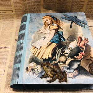 Alice in Wonderland Wooden Keepsake Box – Handmade Book-Shaped Storage Box – Fantasy Fairy Tale Decor – Unique Gift for Her