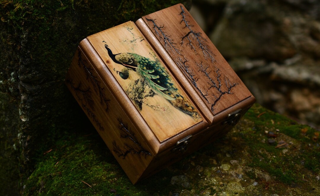 Rustic Handmade Wooden Tea Box Holder Peacock Design Two Etsy