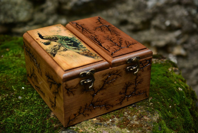 Rustic Handmade Wooden Tea Box Holder Peacock Design Two - Etsy