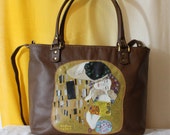 Hand painted leather bag Klimt applique, Italian leather bag, Brown yellow purse leather, Leather handbag, Hand painted purse Klimt tote bag