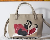 Hand painted leather bag Cats applique, Italian leather bag women, Beige red leather handbag, Hand painted purse leather, Leather tote bag