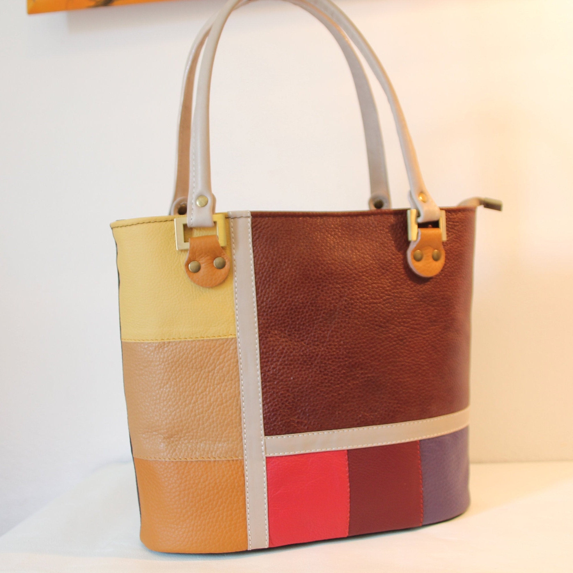 Italian leather bag brown Colorful genuine leather squares Etsy