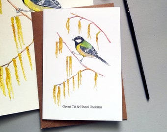 Spring Is Calling - Kohlmeise & Hazel Catkins Grußkarte • Frühlings-Natur-Karte • Britische Vogel-Karte