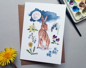 Hase Frühling Wildblumen Karte: Ostara Greetings