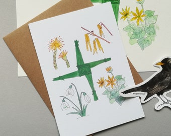 Imbolc Karte: St Brigid's Day, Frühlingsblumen, Brigid's Kreuz