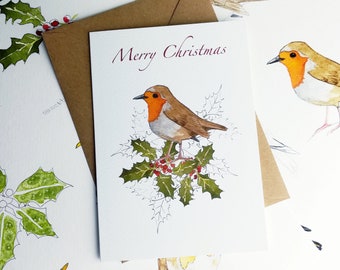 Rotkehlchen und Stechpalmen Weihnachtskarte: Aquarell Wintergrüße