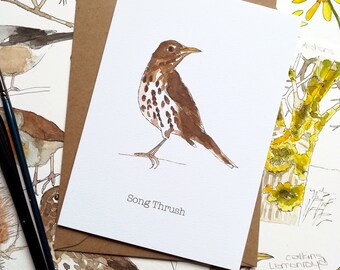 Carte de voeux aquarelle Grive musicienne • Carte personnalisée • Carte nature • Carte d'anniversaire oiseau • Carte oiseaux du jardin britannique • Carte de remerciement