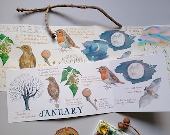 Januar Natur Journaling Karte • Winter Geburtstag • Britische Natur • Ziehharmonika