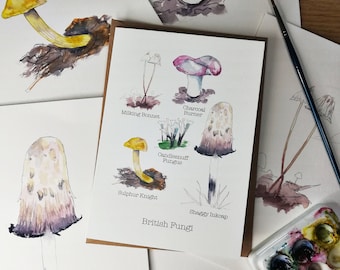 Britische Fungi Aquarell Grußkarte: Natur Geburtstagskarte