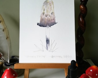 "Original ""Zotteliges Tintenkraut"" Aquarell von ""Fungi Art"" (16 x 10 cm)"