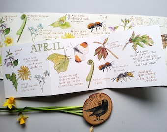 April Natur Journaling Karte • Frühlingsgeburtstag • Britische Natur • Ziehharmonika-Karte