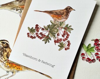 Weissdorn & Rotfliege Winter Grußkarte: British Nature Watercolor