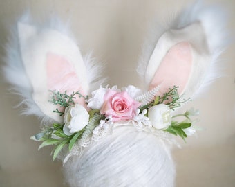 Baby Bunny Ears Headband, Flower crown, Animal Headband, Woodland Headband, White Headband, Bunny Ears Headband, Woodland Flower Crown