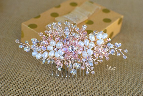 Rose Gold Bridal Hair Comb: Swarovski Crystals & Pearl  display picture 3