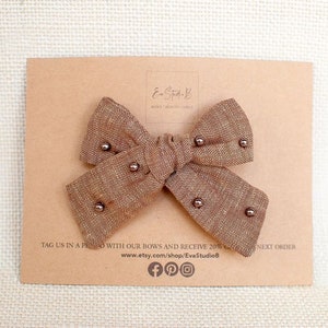 Schleife, Babyschleife, Schleife für Mädchen, braune Bestickte Schleife, Leinenschleife, bestickte Schleifen, Herbstschleifen, Urlaubsschleife, Schleife Haarspange, Nylon Stirnband Schleife