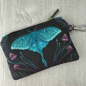 Luna Moth Zipper Pouch, Luna Moth Pouch, Dark Aesthetic Moth Bag, Moth Wallet, Luna Moth Gift, Coin Purse, Moth Purse, Moon and Moth Bag