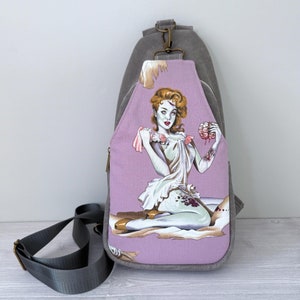 Zombie Sling Bag, Zombie Crossbody, Zombie Purse, Waxed Canvas Sling Bag, Zombiecore Bag,  Alexander Henry Bag, Pin-up Zombie, Sexy Zombie