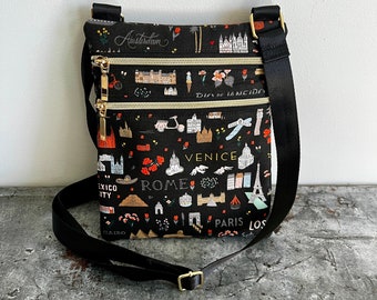 Rifle Paper Co. Crossbody Bag, Bon Voyage World Traveler Bag, 2 Zip Crossbody, Shoulder Bag, Crossbody, Travel Bag, Adjustable Strap, Purse