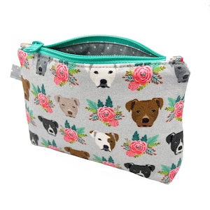 Floral Pit Bull Pouch- Pittie Pouch- Pit Bull Bag- Pit Bull Gift- Makeup Bag- Midnight Kiss Zipper Pouch- Toiletry Bag- Floral Pit Bull Bag