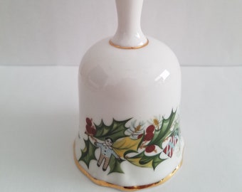 Hammersley Fine Bone China Christmas Bell H 32 - White Porcelain, Holly Sprigs and Trimmed in Gold