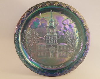 Indiana Glass Bicentennial Carnival Glass Plate - Independence Hall - Blue