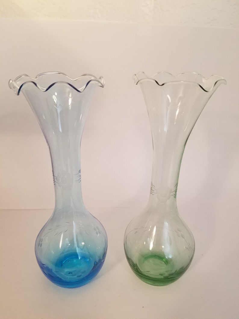Vintage Blown Glass Etched Tulip Bud Vases Set of 2 Etsy